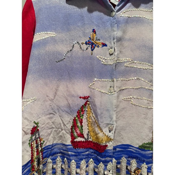 Vintage Quacker Factory Red Sequin Lighthouse 100% Silk Button Up Shirt Large - Picture 5 of 6